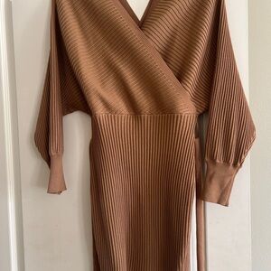 Elegant Brown Ribbed Sweater Dress